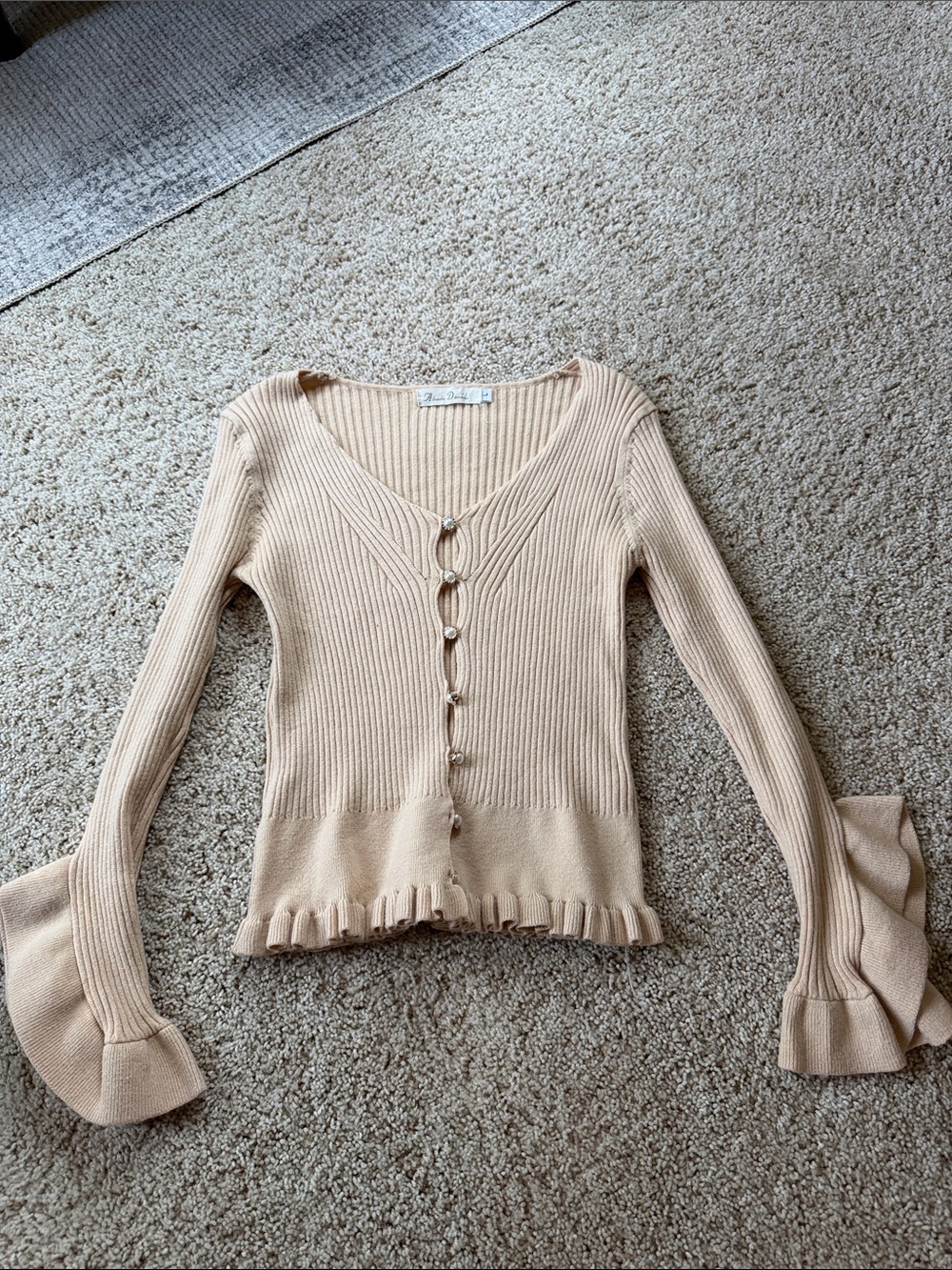 Ribbed V-Neck Button-Front Sweater with Ruffle Hem - Beige